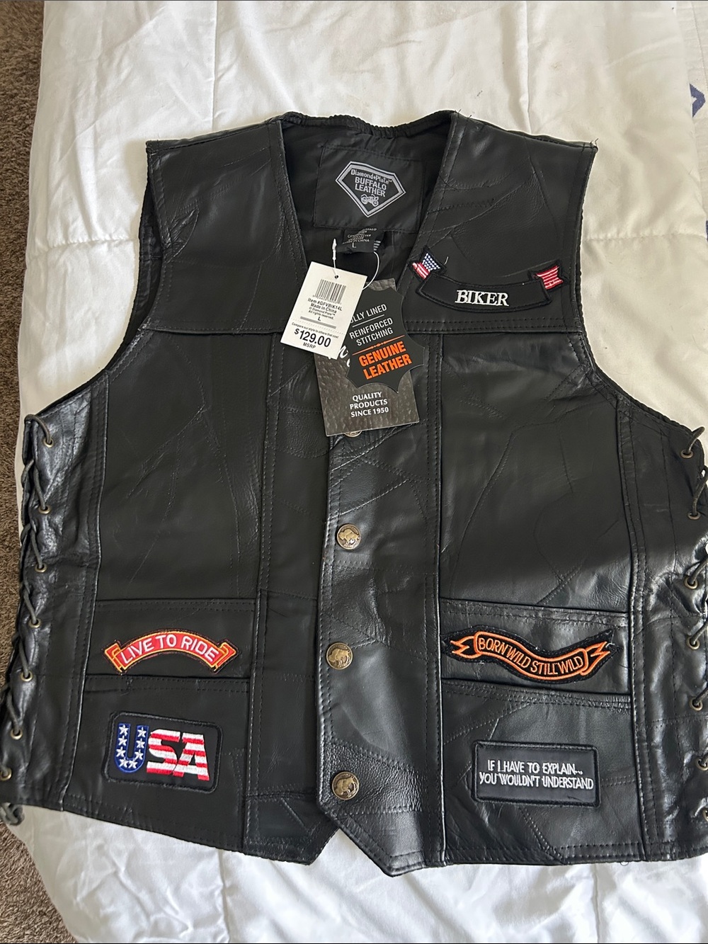 Buffalo Leather Black Biker Vest with Patch Details